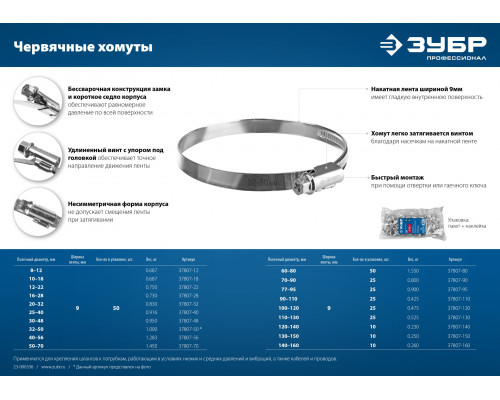 Червячный хомут ЗУБР, 130-150 мм, оцинкованный, 10 шт, Х-9Н