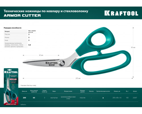 Технические ножницы по кевлару и стекловолокну KRAFTOOL KEVLAR 205 мм