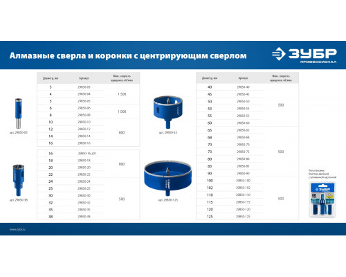 ЗУБР АГК d 100 мм (центр. сверло, трехгр. хвост, Р60), Алмазная коронка, Профессионал (29850-100)