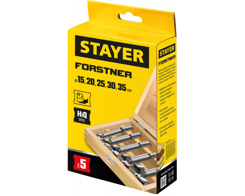 STAYER Forstner 5 шт., 15-20-25-30-35мм, набор сверл форстнера по дереву, ДСП