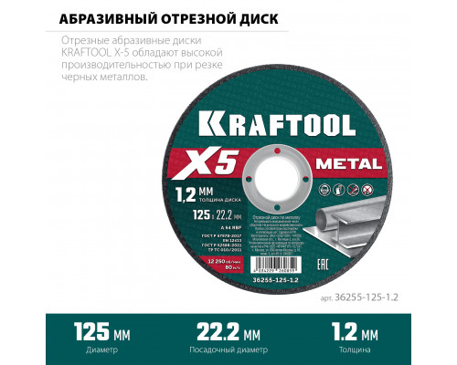 KRAFTOOL X5 Metal 125x1.2 мм по металлу отрезной диск для УШМ (36255-125-1.2)