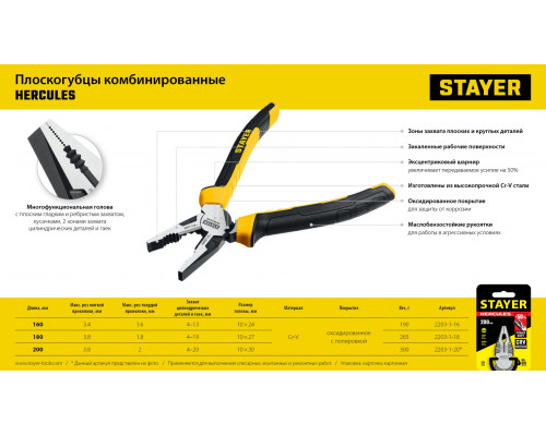 STAYER HERCULES плоскогубцы комбинированные, 180 мм
