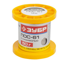 Припой ЗУБР, ПОС 61, трубка с канифолью, 50г, 1мм