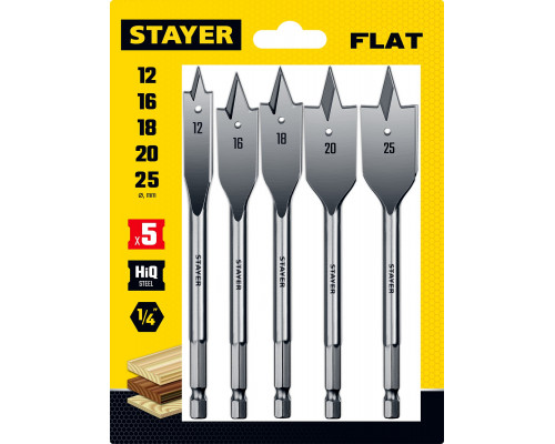 STAYER FLAT 5 шт, 12-16-18-20-25мм, набор сверл перовых по дереву