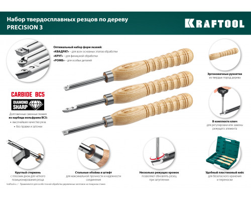KRAFTOOL Precision-3 набор ручных резцов по дереву, 3шт, Твердосплав