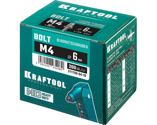 Винтовые заклепки Bolt, М4 х 8 мм, стальные, штифт 10 мм, 200 шт, KRAFTOOL