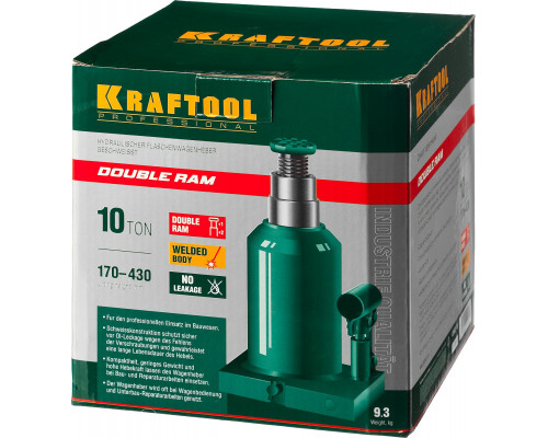 KRAFTOOL DOUBLE RAM 10т 170-430мм домкрат двухштоковый бутылочный с увеличенным подъемом, KRAFT BODY