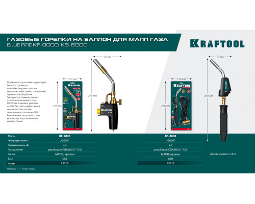 KRAFTOOL KS-8000, со шлангом 1.4м с пьезоподжигом на баллон турбо нагрев + 30% 2000°C, Газовая горелка Blue Fire (55512)