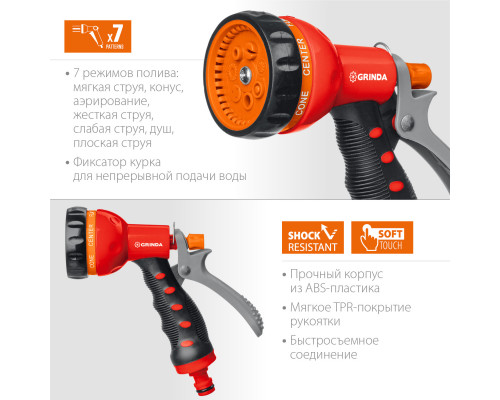 GRINDA T-7, 7 режимов, курок сзади, пистолет поливочный, пластиковый с TPR