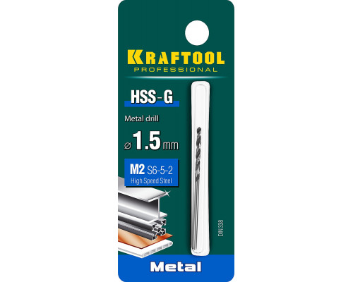 KRAFTOOL HSS-G 1.5 х43мм, Сверло по металлу HSS-G, сталь М2(S6-5-2)
