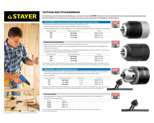 Патрон STAYER ″PROFESSIONAL″ быстрозажимной, 10 мм, с фиксатором зажима сверла, для дрели, комбинированный корпус, посадочная резьба 3/8″, Д 0,8-10мм