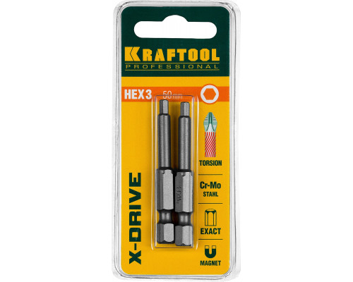 Торсионные биты KRAFTOOL HEX 3, 50 мм, 2 шт X-Drive