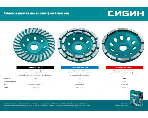 Двухрядная алмазная чашка СИБИН d 125 мм