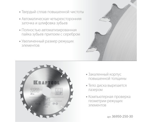 KRAFTOOL Fast, 250 х 30 мм, 24Т, пильный диск по дереву (36950-250-30)