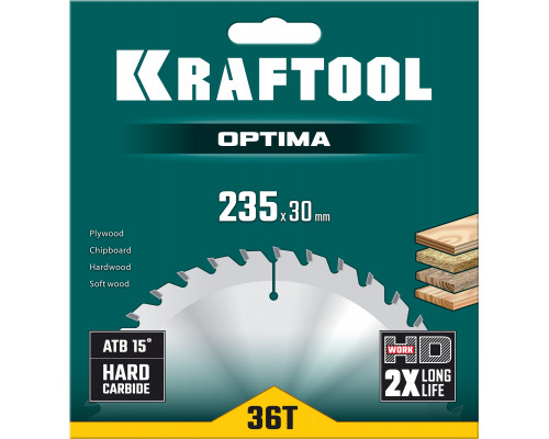 KRAFTOOL Optima, 235 х 30 мм, 36Т, пильный диск по дереву (36951-235-30)
