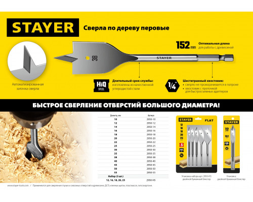 STAYER FLAT 38x152мм, сверло по дереву перовое