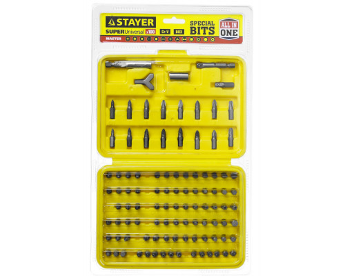 Набор STAYER ″MASTER″ ″SUPER UNIVERSAL″: Биты, полный ассортимент стандартных и специальных шлицов, адаптеры, Cr-V, 100 предметов, в боксе