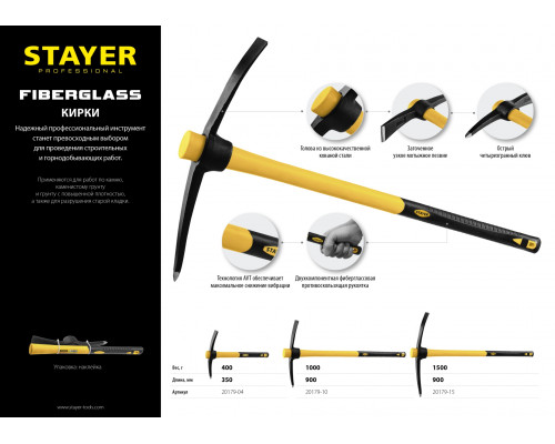 Кирка 1500г с фиберглассовой рукояткой, STAYER Professional 20179-15