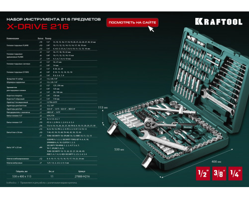 KRAFTOOL X Drive, 216 предм., (1/2″+3/8″+1/4″), универсальный набор инструмента (27888-H216)