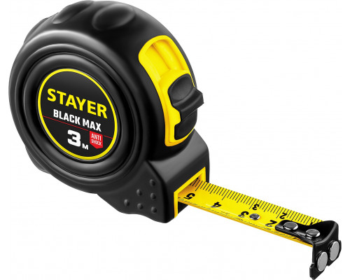 STAYER BlackMax 3м / 16мм рулетка в ударостойком полностью обрезиненном корпусе и двумя фиксаторами