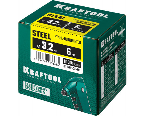 Стальные заклепки Steel, 3.2 х 6 мм, 1000 шт, Kraftool