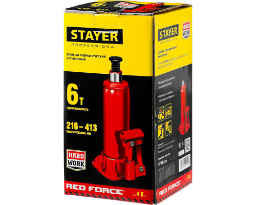 STAYER RED FORCE 6т 216-413мм домкрат бутылочный гидравлический