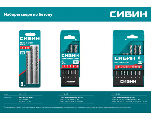 СИБИН 3 шт: d 6-8-10 мм набор сверл по бетону