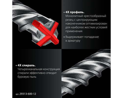 ЗУБР ПРОФИ-4Х 12x600 мм, SDS-plus бур (29313-600-12)