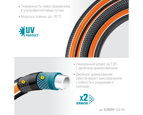 GRINDA ULTRA 6, 1/2″, 15 м, 30 атм, шестислойный, двойное армирование, поливочный шланг, PROLine (429009-1/2-15)
