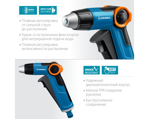GRINDA PROLine X-R, плавная регулировка, курок спереди, пистолет поливочный двухкомпонентный с регулятором напора