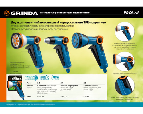 GRINDA PROLine X-R, плавная регулировка, курок спереди, пистолет поливочный двухкомпонентный с регулятором напора
