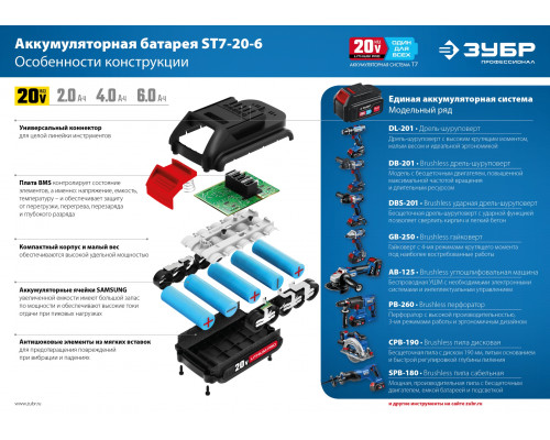 ЗУБР T7, 20 В, 6.0 А·ч, аккумуляторная батарея, Профессионал (ST7-20-6)