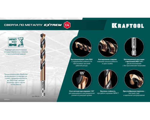 KRAFTOOL НЕХ-1/4″, d 9.0 х 125 мм, сверло по металлу для винтовёртов и шуруповертов IMPACT READY (29652-9)