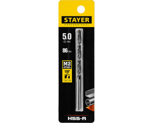 STAYER PROFI 5.0х86мм, Сверло по металлу HSS-R, быстрорежущая сталь М2(S6-5-2)