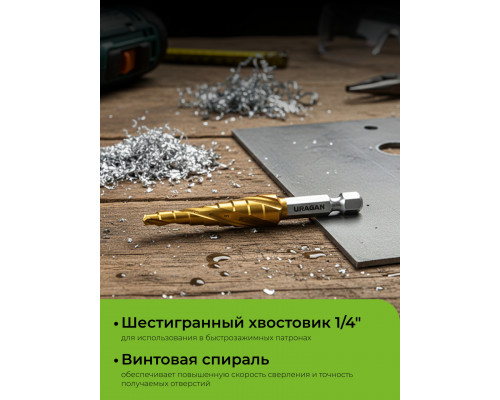 URAGAN 4-12мм, 9 ступеней, винтовая спираль, сверло ступенчатое(29658-4-12-9)