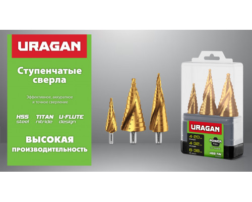 URAGAN 4-12мм, 9 ступеней, винтовая спираль, сверло ступенчатое(29658-4-12-9)