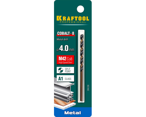 KRAFTOOL COBALT 4.0 х75мм, Сверло по металлу HSS-Co(8%) , сталь М42(S2-10-1-8)