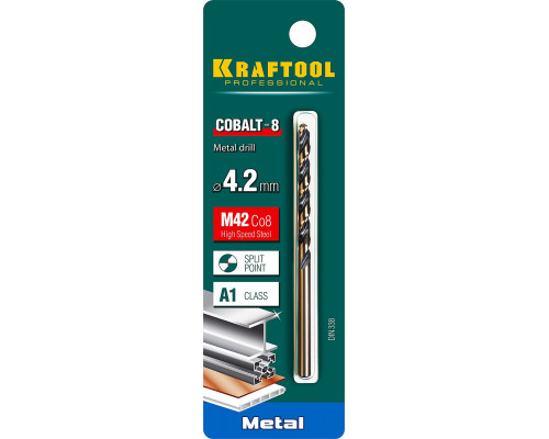 KRAFTOOL COBALT 4.2 х75мм, Сверло по металлу HSS-Co(8%) , сталь М42(S2-10-1-8)