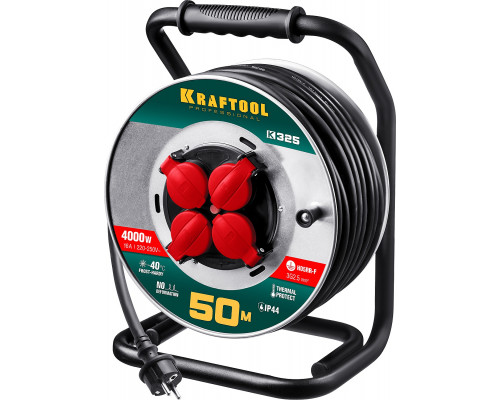 Силовой удлинитель на стальной катушке KRAFTOOL КГ 3х2.5 50м 4000Вт IP44, K-325