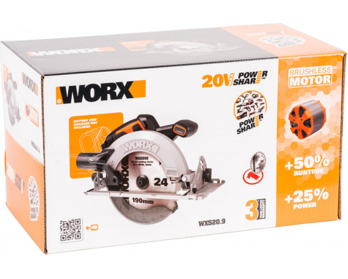 Циркулярная пила аккумуляторная бесщеточная WORX WX520.9, 20В 190 мм, без АКБ и ЗУ, коробка