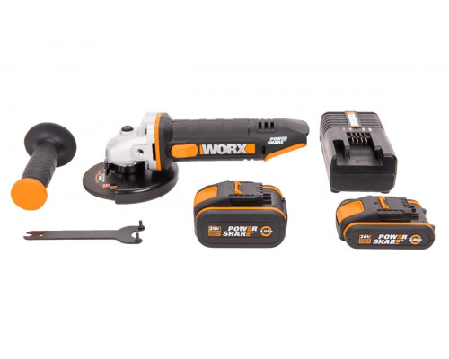 Угловая шлифмашина аккумуляторная WORX WX803, 20В, 125 мм, 1*2,0Ач + 1*4,0 Ач, кейс