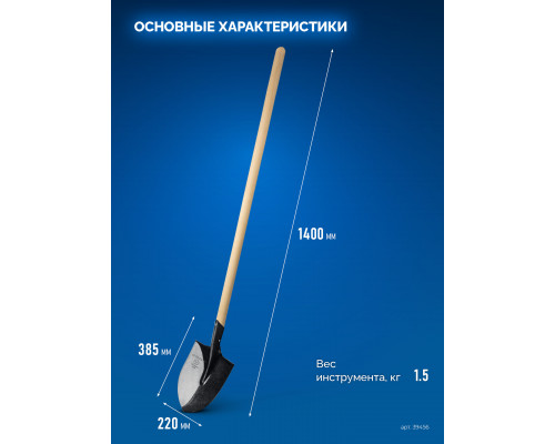 ЗУБР ПРОФИ-5, 385х220х1400мм, полотно 1.6мм, закалено, дерев. черенок высш. сорт, штыковая лопата, тип ЛСГ (39456) Профессионал