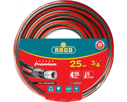 Поливочный шланг RACO PREMIUM 3/4″ 25 м 35 атм пятислойный усиленный двумя слоями армирования