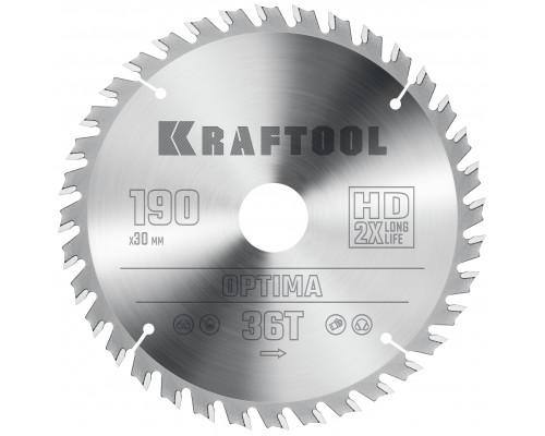 KRAFTOOL Optima, 190 х 30 мм, 36Т, пильный диск по дереву (36951-190-30)