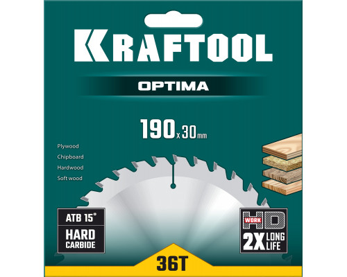 KRAFTOOL Optima, 190 х 30 мм, 36Т, пильный диск по дереву (36951-190-30)