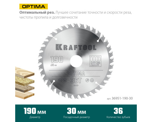 KRAFTOOL Optima, 190 х 30 мм, 36Т, пильный диск по дереву (36951-190-30)