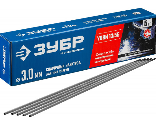 ЗУБР электрод сварочный УОНИ 13/55 с основным покрытием, d 3.0 х 350 мм, 5 кг в коробке, Профессионал.