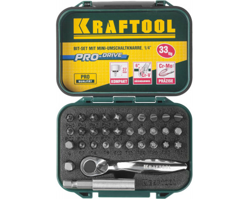 Набор бит ″EXPERT″с мини трещоткой 1/4″, KRAFTOOL 26157-H33, 33 предмета