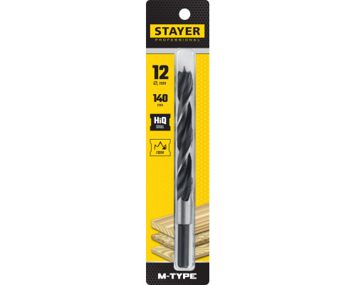STAYER ″M-type″ 12.0x140/85мм, сверло спиральное по дереву, М-образная заточка