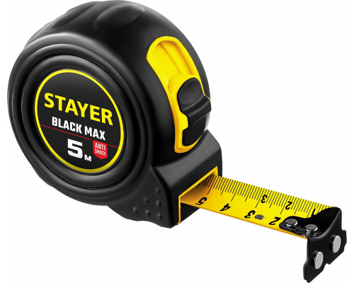 STAYER BlackMax 5м / 25мм рулетка в ударостойком полностью обрезиненном корпусе и двумя фиксаторами